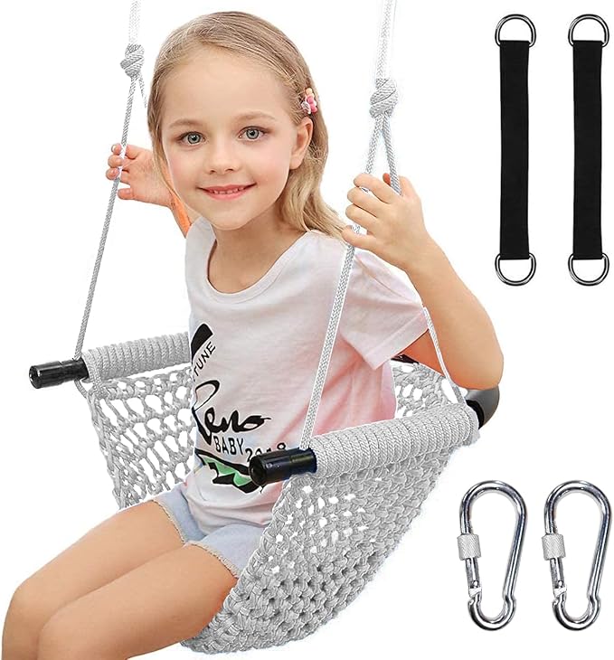 Hi-Na Tree Swing for Kids, Adjustable Toddler Rope Swing Seat with Snap Hooks and Straps, 440 lbs Capacity, Swingset Accessories for Indoor Porch Doorway Outdoor Playground Backyard (Gray)