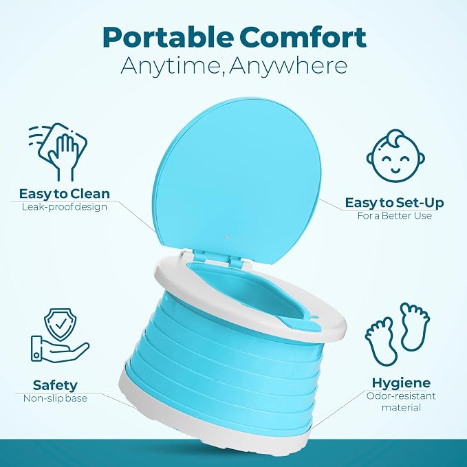 Portable Toddler Travel Potty with Silicone Insert – Foldable Potty Chair for Car & Road Trips, Spill-Resistant Training Toilet, Compact Emergency Potty, Includes Disposable Bags - Blue