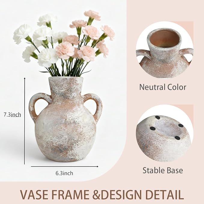 Vintage Ceramic Vase with Handle - 7.3inch Antique Terracotta Farmhouse Vase for Home Decor, Wedding Centerpiece & Office Desk for Homeowners, Interior Designers & Plant Lovers