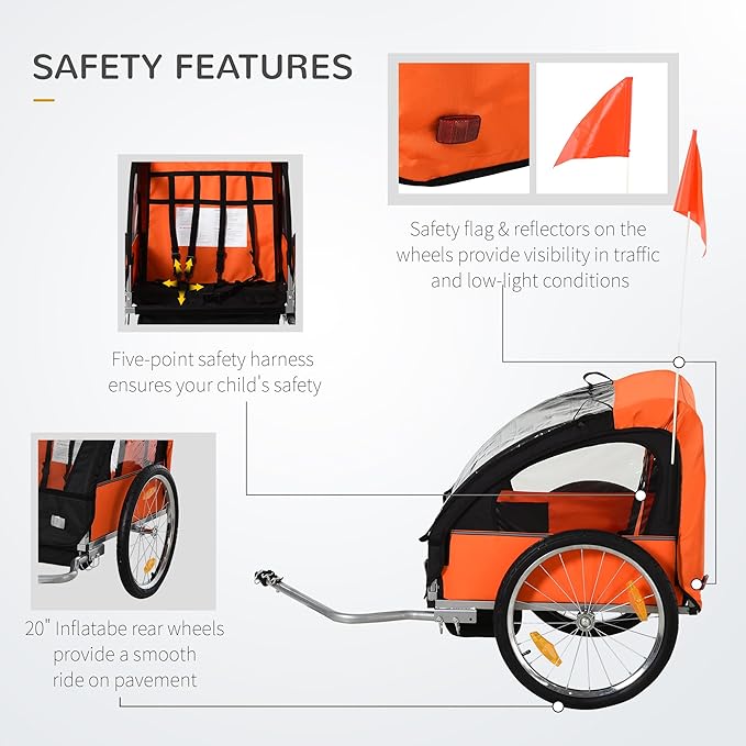 Aosom 2-Seat Child Bike Trailer for Kids with a Strong Steel Frame, 5-Point Safety Harnesses, & Comfortable Seat