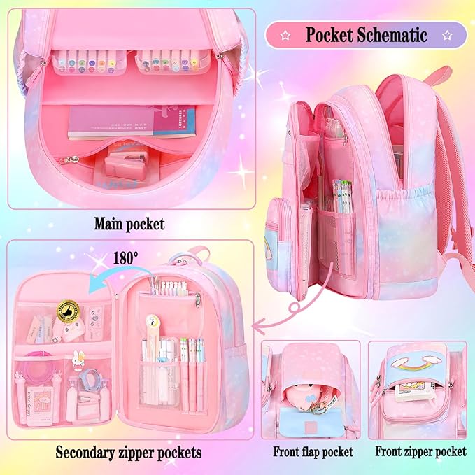3Pcs Kids Backpack For Girls,Cute Rainbow Student School Backpack With Lunch Bag Pen Bag Set (Blue Large 17.5in