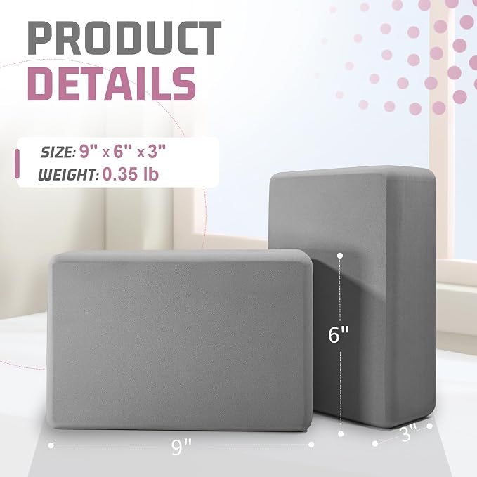 Yoga Blocks 2 Pack 3x6x9IN Foam Block Supportive Latex-Free with Rounded Edges, Non-Slip Exercise Blocks for Pilates, Meditation, Balance, Stretching and Deep Poses