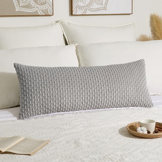 Kevin Textile Soft Corduroy 14"x36" Lumbar Pillow Cover 1 Pack, Light Grey | Boho Stripe Plush Corduroy Decorative Oblong Cushion Cover Modern Farmhouse Home Decor for Sofa Couch Bed Chair