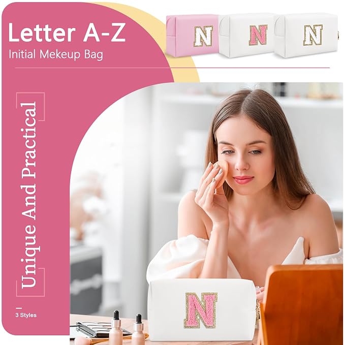 Personalized Makeup Bag Initial A-Z Preppy Patch Bag,Small PU Leather Travel Cosmetic Bag Pouch with Zipper,White Cute Toiletry Bag,Gift Ideal for Teen Girls Women Birthday Friend Mom,Letter N