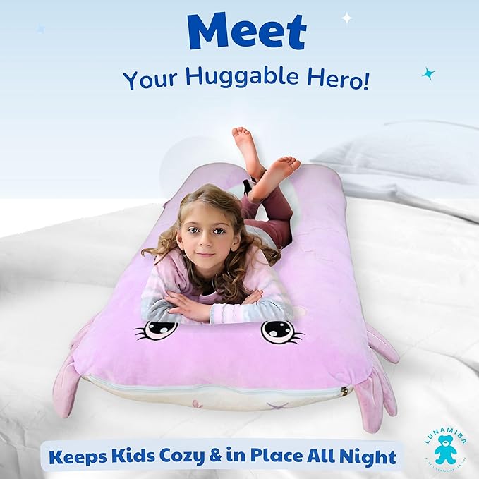 LUNAMIRA Axolotl Kids Body Pillow - 47" U-Shape Long Plush Soft Animal Pillow for Kids, Sleeping, Reading, ADHD & Special Needs Comfort, Anxiety, Washable Cover, Snuggle Fun Cuddle for Boys & Girls