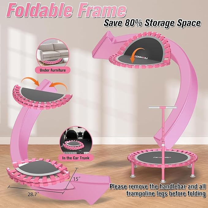 ZCMHAXJ Foldable Mini Trampoline, 40" Rebounder Trampoline for Adults & Kids, 450lbs Capacity with T-Shaped Adjustable Bar, Indoor Fitness Workout Exercise Equipment