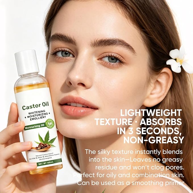 Castor Oil with Squalane, Jojoba & Olive Oils - Glow Moisturizing Emollient for Hair, Skin & Body, Multi-Purpose Moisturizer with Natural Antioxidants, 3.38 Fl Oz