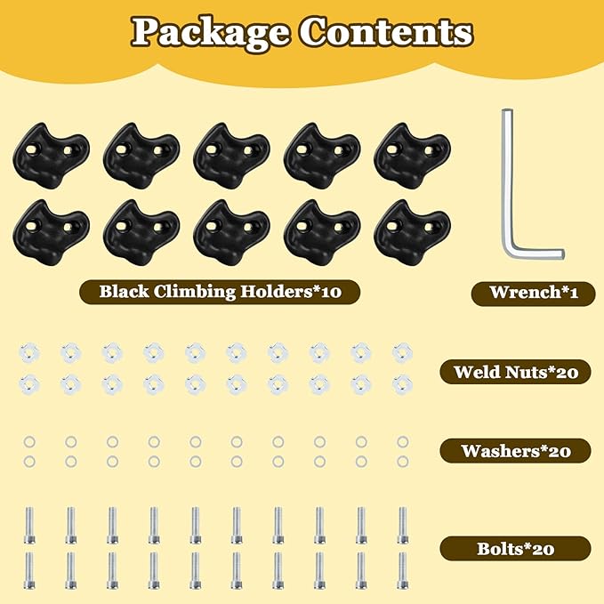 10PCS Black Rock Climbing Holds, Rock Climbing Wall for Kids, Extra Large Size Climbing Rock Wall Grips with Mounting Hardware and Wrench for Indoor Outdoor Playground, Installed on Wooden Board