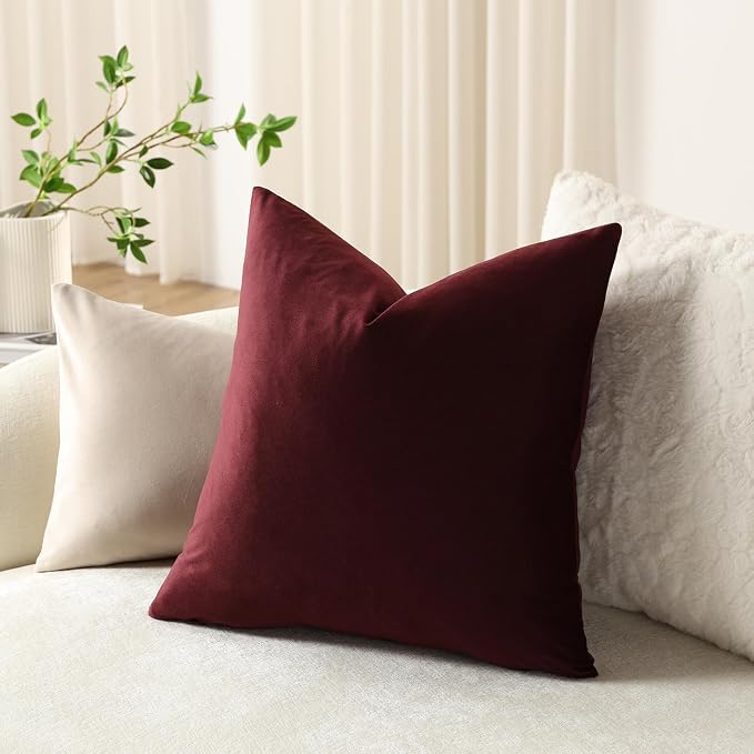 Euro Sham Covers 24x24 Burgundy: Pack of 2 Cozy Soft Velvet Square Modern Luxury Decorative Throw Pillow Cases for Sofa Couch Living Room Bed Home Decor