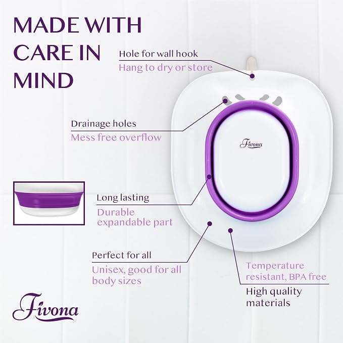 Fivona Sitz Bath for Toilet Seat Postpartum and Hemorrhoids Care - Yoni Steam Seat - Foldable Basin for Epsom Salt Soak - Portable Bidet BPA Free Temperature Resistant - Universal Fit - Purple
