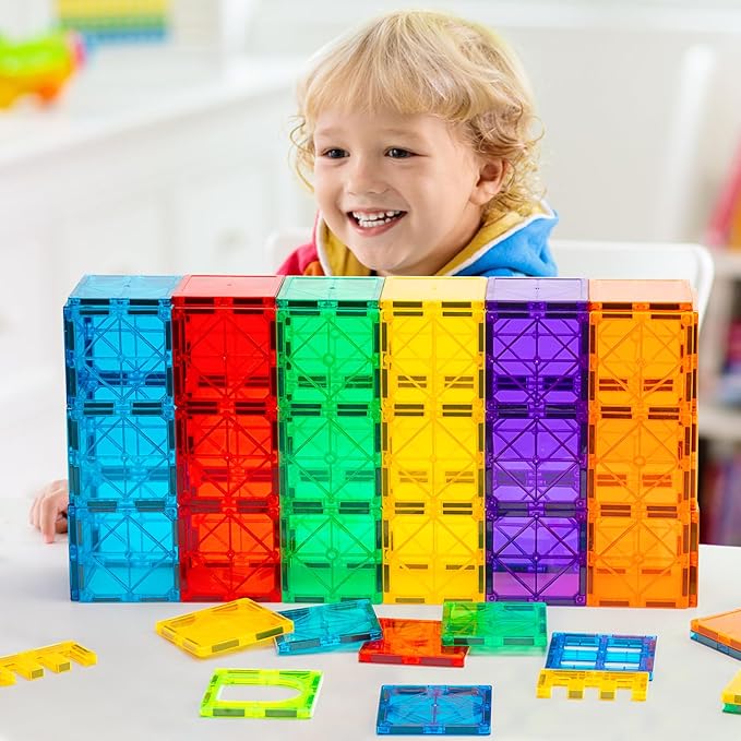 FNJO Magnetic Tiles, 64 PCS Magnetic Building Blocks, Magnets Building Set, STEM Toys for Kids Boys and Girls Creative and Inspirational