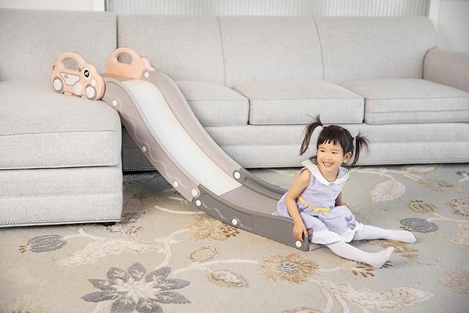 Indoor Kids Baby Couch Slide for Toddler 1-3, Sofa Slide Add-on Attachment for Bed Nugget Playgrounds, with Secure Base Guardrail, Gentle Slope Extended Buffer Zone, Fun Car Design, Pink