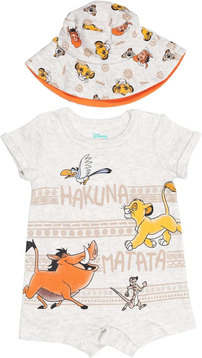 Disney Baby Romper and Reversible Bucket Sun Hat Outfit Set Newborn to Infant Sizes (Newborn - 24 Months)