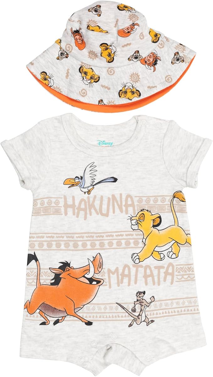 Disney Baby Romper and Reversible Bucket Sun Hat Outfit Set Newborn to Infant Sizes (Newborn - 24 Months)