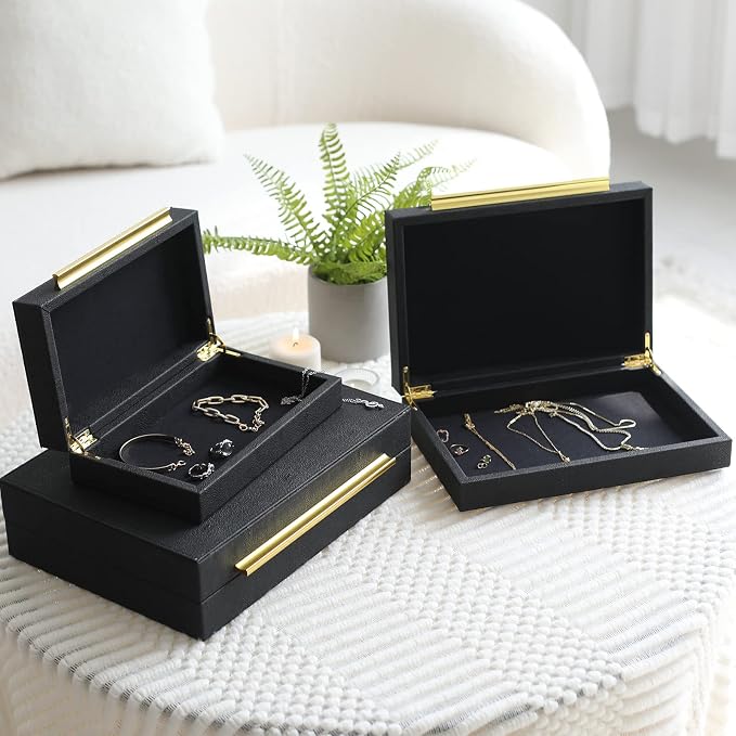 Faux Shagreen Decorative Stackable Jewelry Storage Boxes Set of 3,Black | Jewelry Organizers with Gold Metal Handles & Velvet Lining, Modern Black Box for Vanity, Entryway & Coffee Table Décor