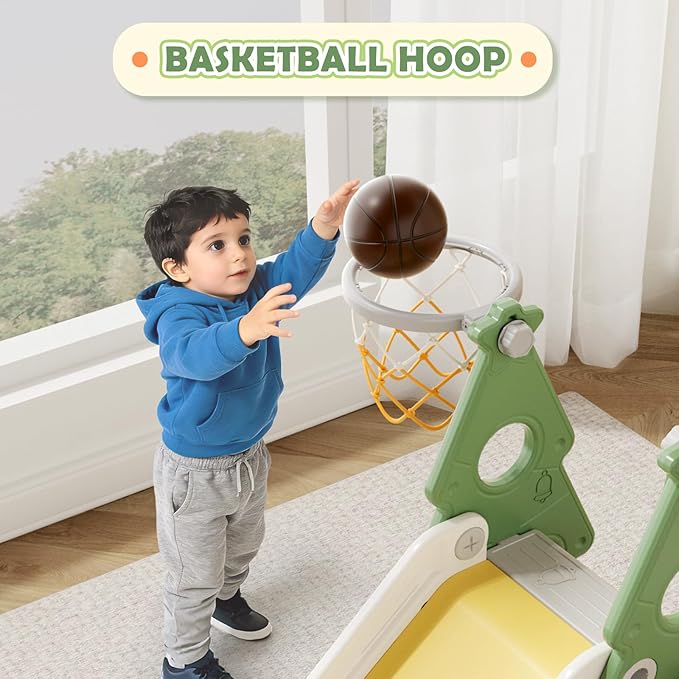 KORIMEFA 4-in-1 Kids Slide and Swing Set, Toddler Slide with Basketball Hoop, Swing, Outdoor Indoor Playground for Toddlers 1-3 Pine Shape Design(4 in 1-Green)