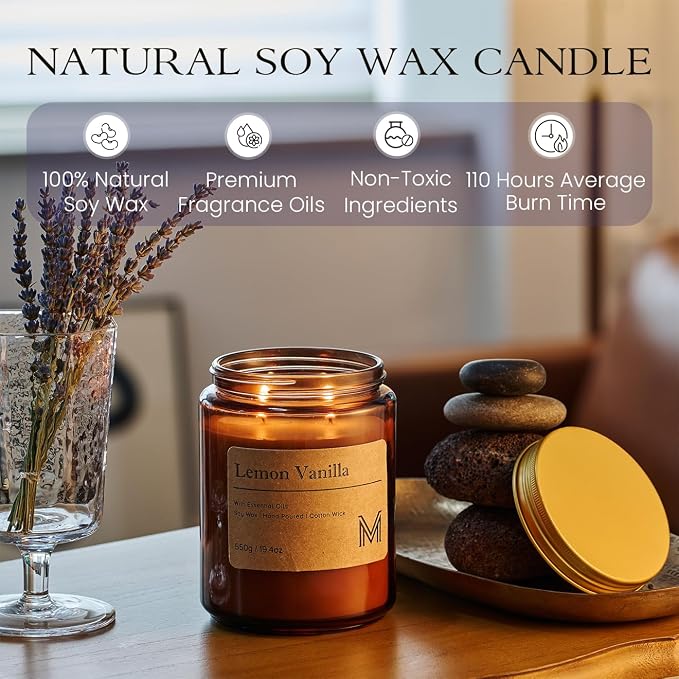 M&SENSE Lemon Vanilla Scented Large Candle, 19.4oz Aromatherapy Candle for Home Fragrance, Natural Organic Soy Wax Long-Lasting for Stress Relief, Yoga, Gifting for Birthday, Housewarming