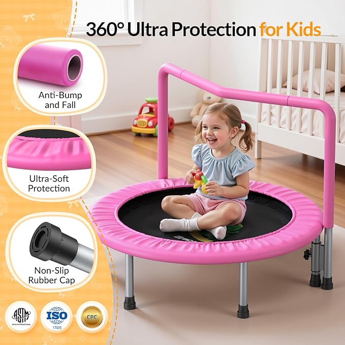 BCAN SP1 36'' Toddler Trampoline, ASTM Certified - Kids Trampoline for Ages 1-6, Foam Handle & Safe Thickened Cover, Mini Trampolines for Kids Indoor, Easy to Assemble| FED Fitness
