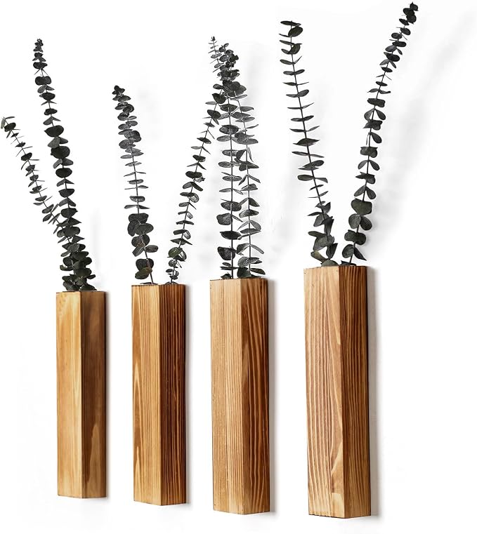 Wooden Wall Planter Set of 4 - Modern Home Decor for Living Room, Bedroom, Bathroom - Brown Finish Planter for Dried Flowers, Faux Greenery, Indoor Plants