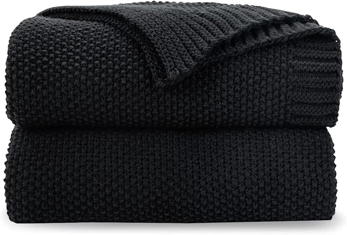 CozeCube Jet Black Seed Stitch Throw Blanket 50"x60", Farmhouse Decor | Blanket for Couch, Soft Cozy Cable Knit Throw for Bed Sofa Living Room, Lightweight Warm Decorative Christmas Blanket