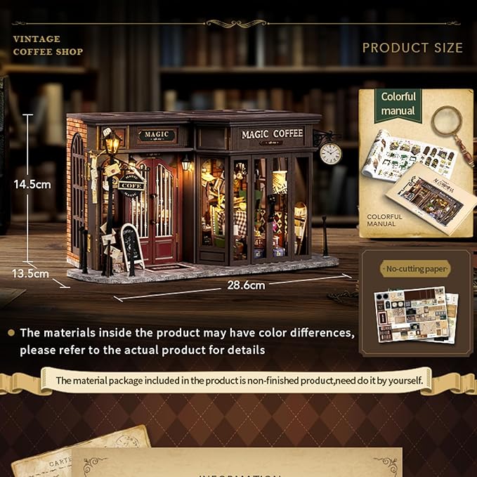 MAGQOO DIY Miniature Dollhouse Kit with Furniture 1:24 Scale Creative Room Mini Wooden Doll House Accessories DIY Miniature House Kit (Vintage Coffee Shop)