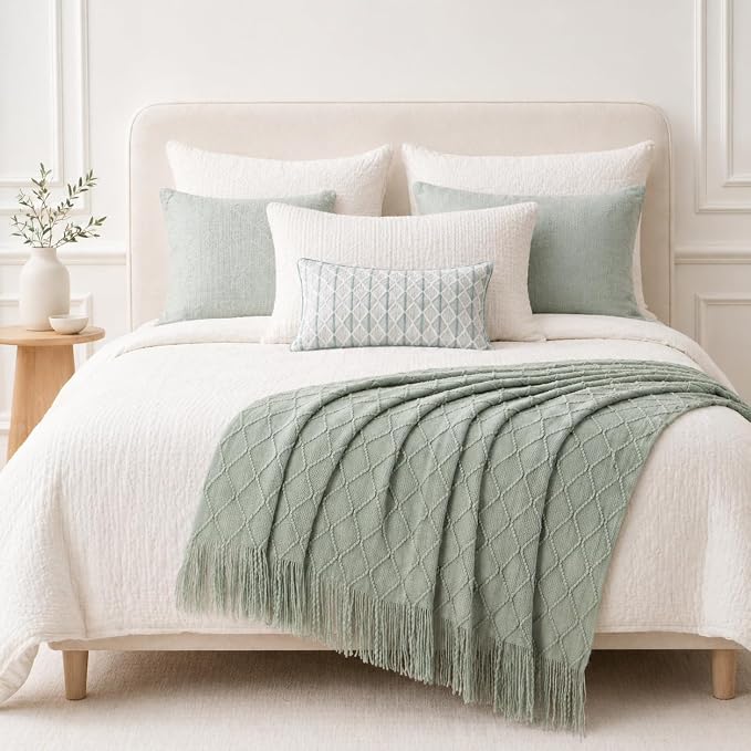 BATTILO HOME Sage Green Throw Blanket for Couch, Boho Bed Throws for Home Decor, Light Blue Throw Blanket for Sofa Living Room, 50"x60"