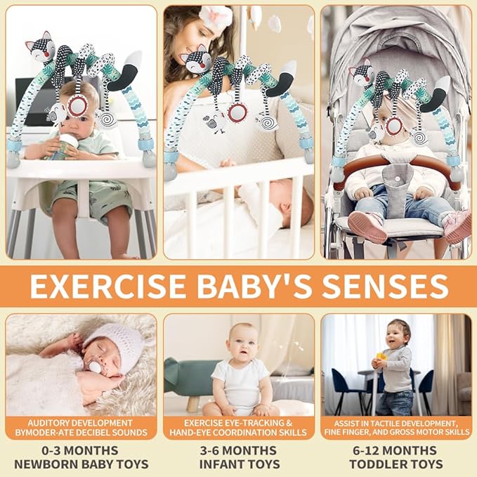 Caterbee Baby Stroller Arch Toys, Black and White Hanging Toy Activity Set, Stretch & Spiral Adjustable Clamp for Cribs & Car Seats, Includes Rattles, Squeaker & Teether for Newborns and Infants (02)
