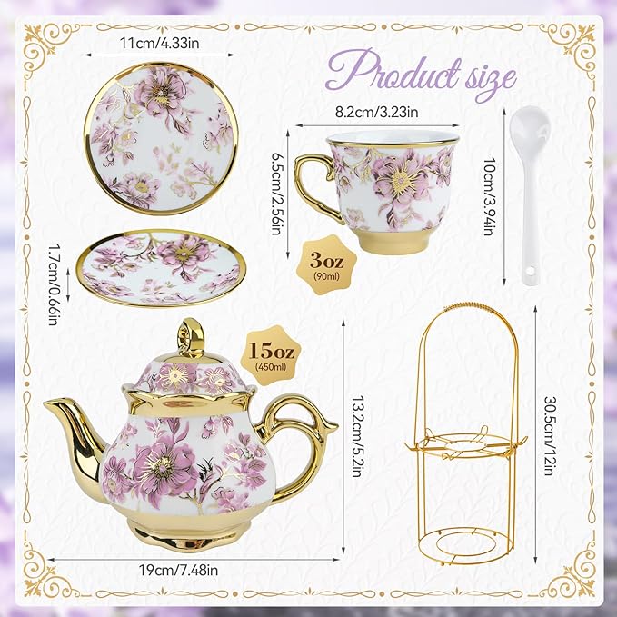 20 Pcs Porcelain Tea Set With Metal Holder,European Ceramic Tea Set for 6,Beautiful Tea Cup Gift Sets for Home&Party (Purple)