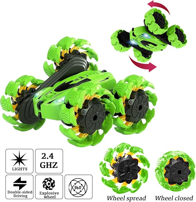Remote Control Car, New Upgraded Double-Sided 360° Rotating RC Toy Cars with LED Headlights, 2.4GHz Rechargeable Electric Race Stunt Car with 4WD, Best Gift for 6-12 Year Old Boys and Girls (Green)
