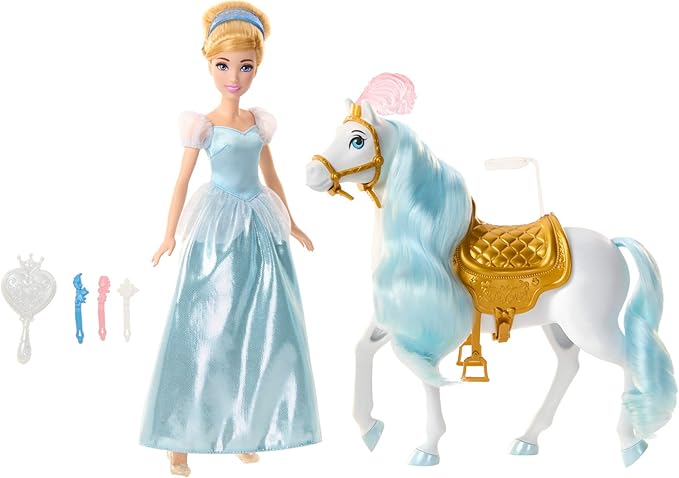 Mattel Disney Princess Toys, Cinderella Fashion Doll & Horse with Saddle, Brushable Mane & Tail & Styling Accessories, Inspired by the Movie