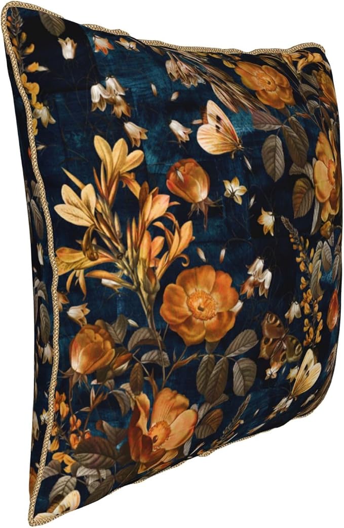 Vintage Floral Velvet Pillow Covers 16x16 Inch Blue Brown Leaf Flowers Throw Pillows for Couch Farmhouse Cushion Covers Pillowcase Butterfly Plant Leaves Pillow Cases for Sofa Bed Outdoor Decor