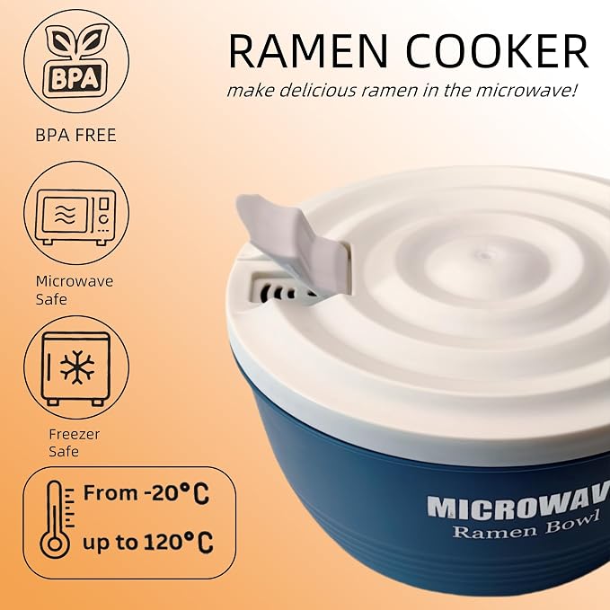 Layron Large Ramen Bowl, Ramen Noodle Bowls Microwavable 45 oz, Ramen Cooker, Microwave Pasta Cooker, Ramen Bowl Microwave Gift for College Boys Girls Male Female Dorm Room (blue)