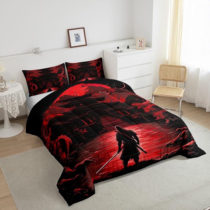 Feelyou Dragon Comforter Set Queen Size Japanese Style Comforter for Boys Girls Teens Samurai Bedding Set Sunset Duvet Set Room Decor Scarlet Red Quilt Set