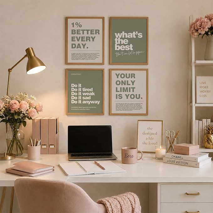 DSHFG Motivational Inspirational Office Wall Art Decor Prints Olive Green | Green Motivational Wall Decor Trendy Retro Posters for Office Home Decor, Inspirational Posters Prints 8x10 Unframed