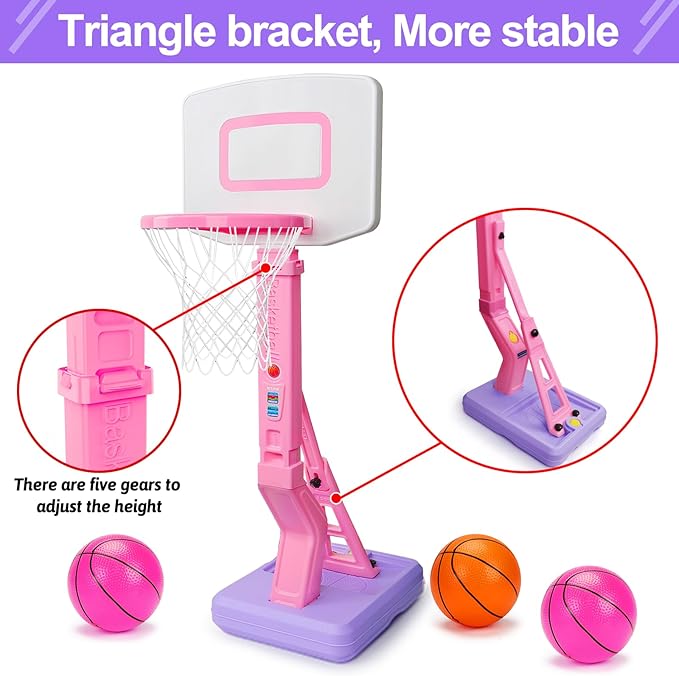 Toddler Girl Basketball Hoop Indoor Pink Adjustable Mini Basketball Goal with Ball Pump for Outdoor Poolside Toys Backyard Game Outside Basketball Toy for Kids Age 3-5 6 7 4-8 Birthday Gift