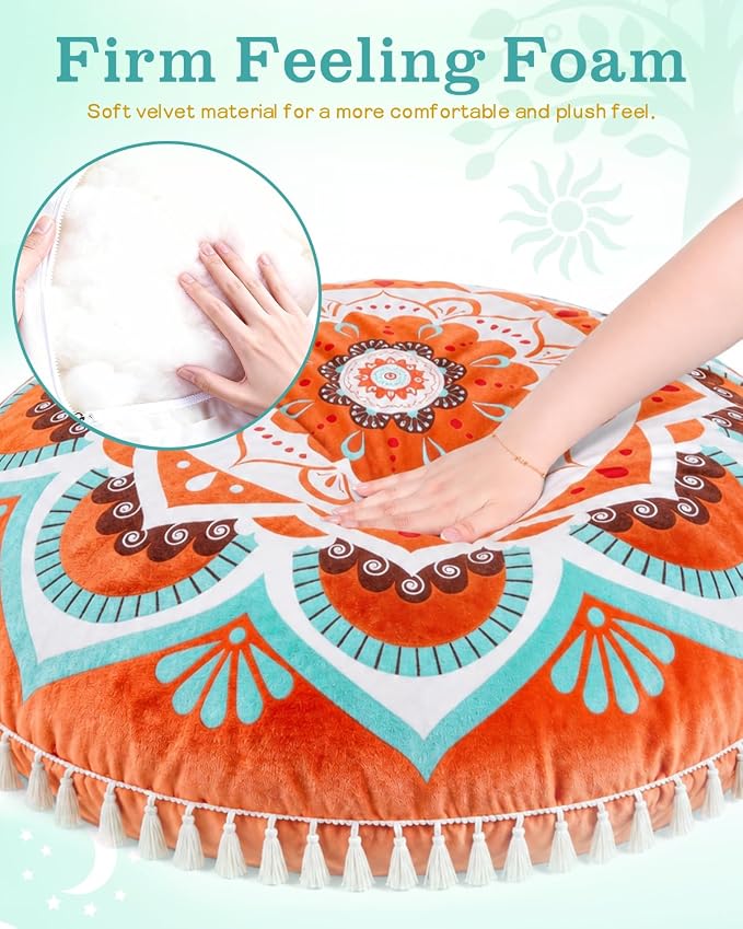 Hihealer Meditation Cushion, Large Velvet Floor Pillow for Yoga, Meditation & Mindfulness, Supportive Memory Foam Bolster (Orange)