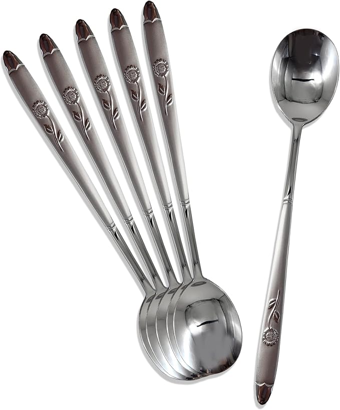 Korean Style Soup Spoons - 8.5 inch Premium Stainless Steel Dessert, Dinner, Rice & Ice Cream Scoop (Sunflower, 6 Pcs)