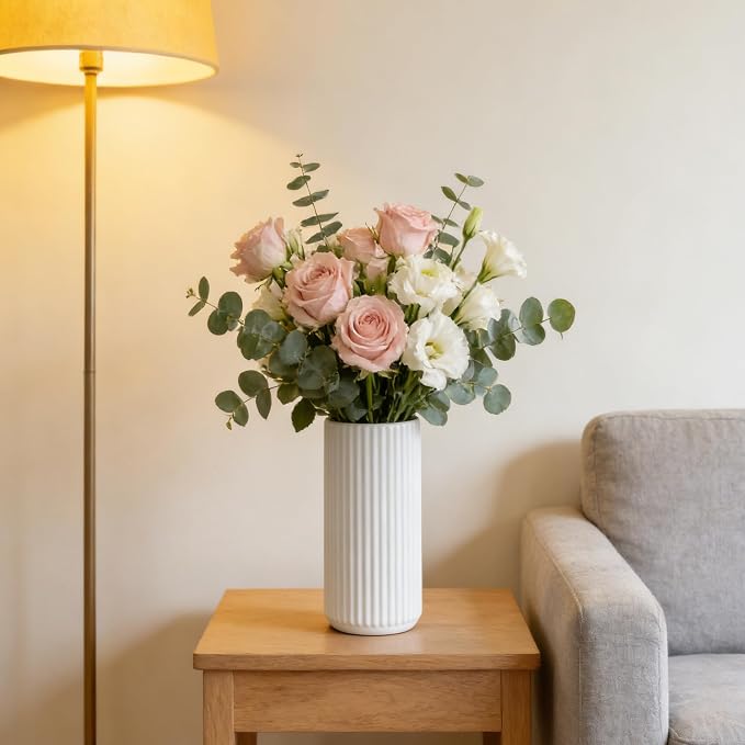 White Ceramic Flower Vase for Pampas Grass, 6 inch Small Decorative Centerpiece Ribbed Vase for Dining Table, Office Desktop, Shelf Bookshelf, Mantel, Bathroom, Countertop, Farmhouse, Gift