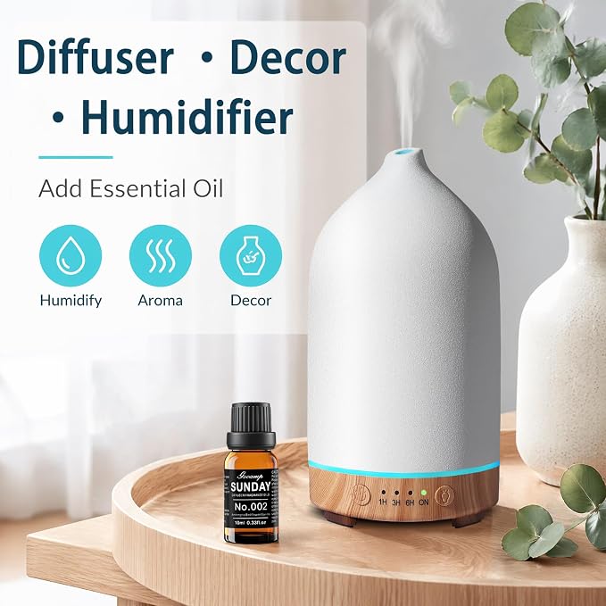 Gooamp 200ML Ceramic Essential Oil Diffuser (Set of 2) - Ultrasonic Aromatherapy & Humidifier with 7-Color LED Lights, Auto Shut-Off, Wood Grain Base, 1H/3H/6H Timer | Scent for Home, Office, Yoga