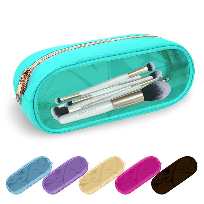 UIXIZQ Clear Small Pencil Pouch Makeup Bag for Purse,Nylon&PVC Pencil Case Waterproof Makeup Brush Holder with Zipper,Preppy Transparent Pen Bag Cosmetic Bag for Women Men Office(Slim-Mint Green)