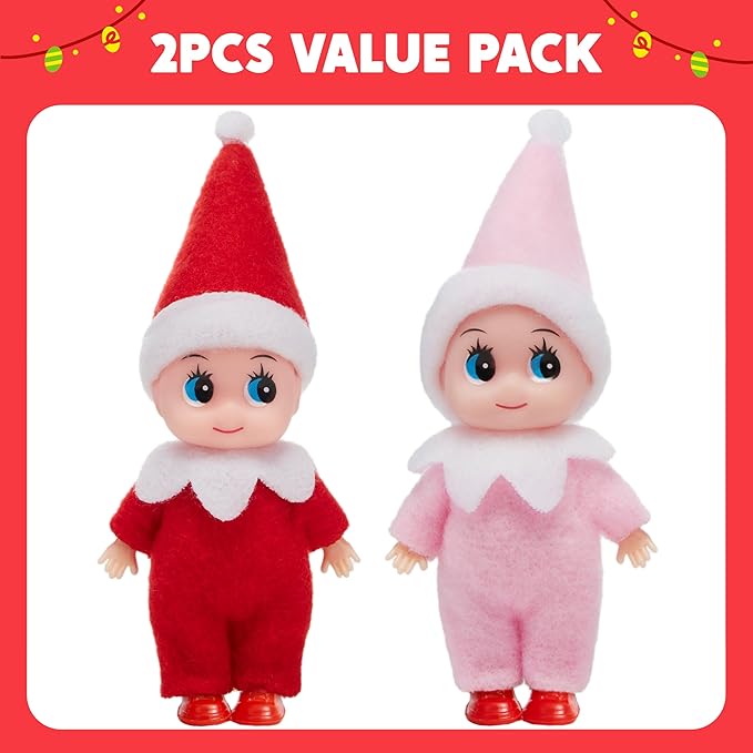 JOYIN 2PCS Christmas Elf Plush Doll, Red and Pink Tiny Soft Plush Elf Doll Accessories for Christmas Holiday Decorations, Dress-Up Party.