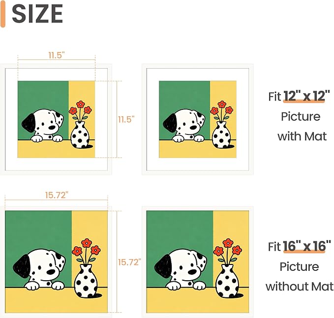 upsimples 16x16 Picture Frame, Display Pictures 12x12 with Mat or 16 x 16 Without, Wall Hanging Square Frames, White, 1 Pack