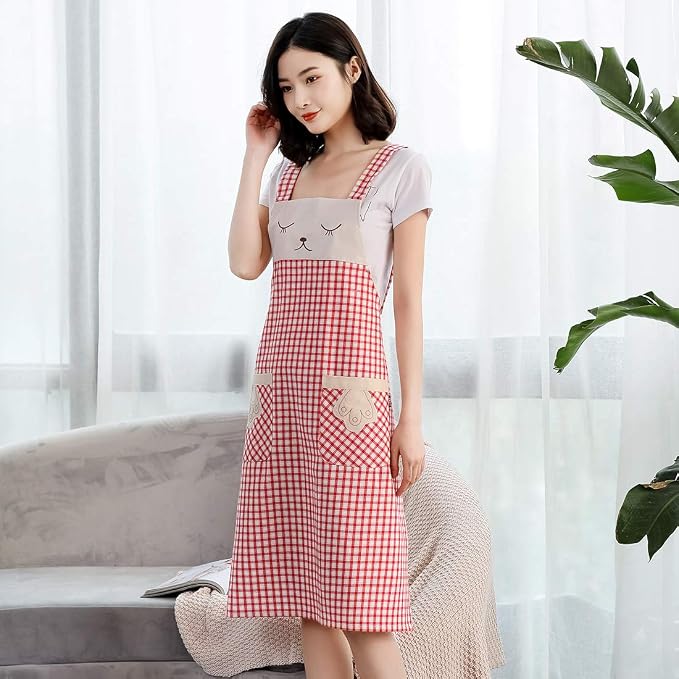 NEWGEM 100% Cotton Cute Plaid Apron with Pockets - Korean Style H-Back Cat Pinafore for Gardening, Farmhouse Kitchen (Red/White Cat)