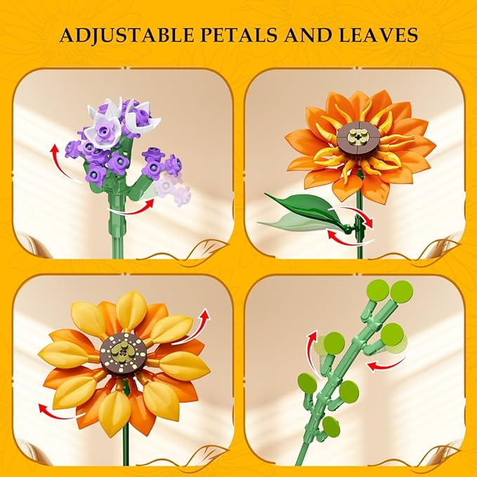 Flowers Sunflower Bouquet Building Set with Lights - 17 Flowers Botanical Collection Artificial Plant Sunflower Building Blocks Art Home Decor Surprise Gifts for Adults Women Girls (1011PCS)