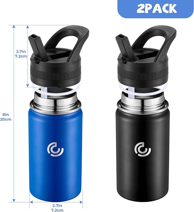 2 Pack Kids Water Bottle,14oz Stainless Steel Insulated Water Tumbler Leak-Proof,School Water Mug,Small and Portable,Suitable for Boys and Girls to Use(Black + Blue)