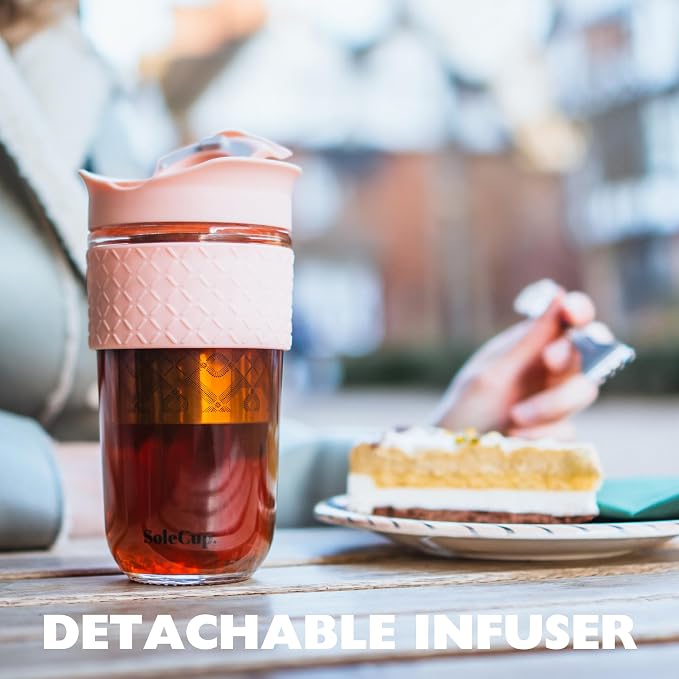 Large Travel Mug Loose Tea Infuser - Detachable Tea Strainer with Spill Proof Lid - 18oz/530ml BPA-Free Reusable Glass Travel Coffee Cup with Silicone Band (Blue, 18oz)