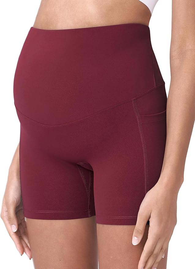 POSHDIVAH Women's Maternity Yoga Shorts Over The Belly Bump Summer Workout Running Active Short Pants with Pockets 5"/8"