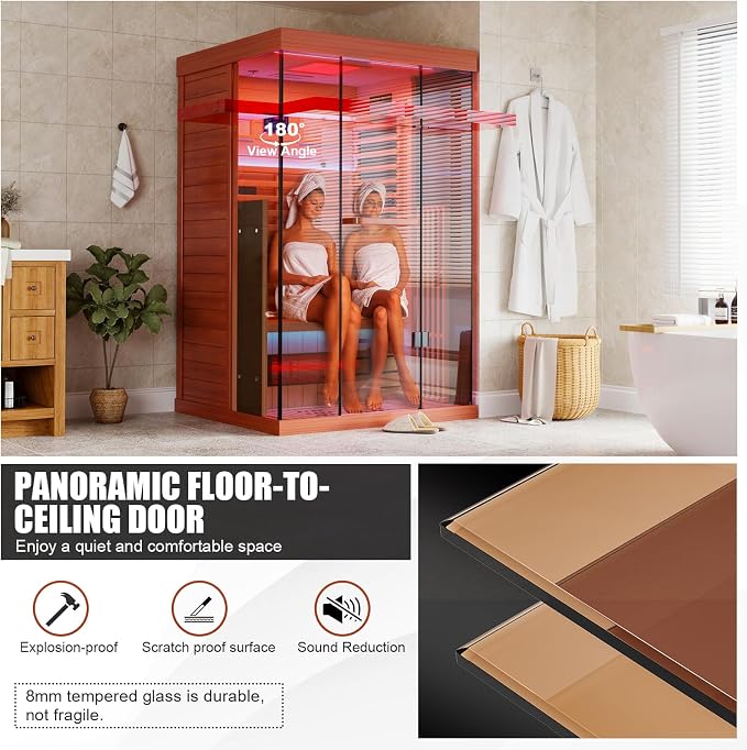 MEISSALIVVE Full Spectrum Infrared Sauna，1-2 Person Home Sauna，Red Cedar Indoor Sauna with Resonance Speaker, Panoramic Tempered Glass Door