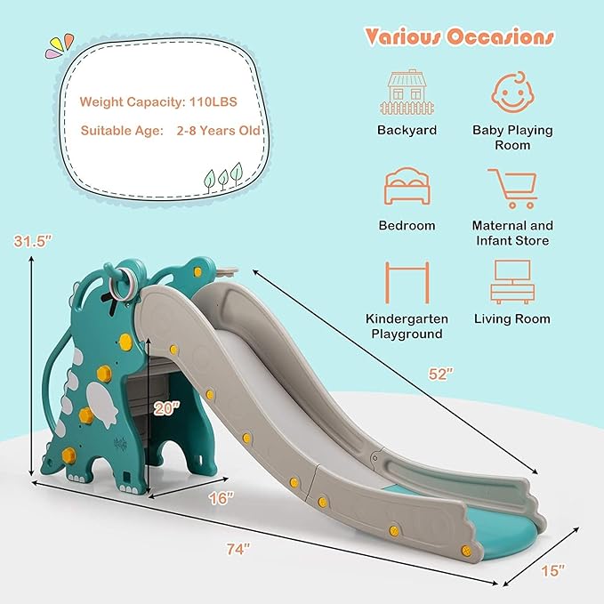 BABY JOY Toddler Slide, Kids Large Slide Play Climber Set with Long Slipping Slope, Basketball Hoop and Ball, Enclosed Steps, Easy Assemble Indoor Outdoor Backyard Freestanding Slides for Kids Age 1-8