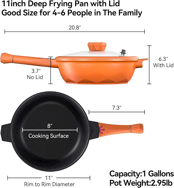 TIBORANG 11 Inch Nonstick Frying Pan with Lid,8-in-1 Multipurpose Cookware | 5 Qt Deep Sauté Pan Skillet with Steamer, PFOA-Free, Dishwasher & Oven Safe, Induction Compatible, Stay-Cool Handle,Tangerine